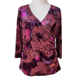 Vintage Fairy Whimsigoth Velvet Burnout Top Blouse Womens L Purple Pink Floral